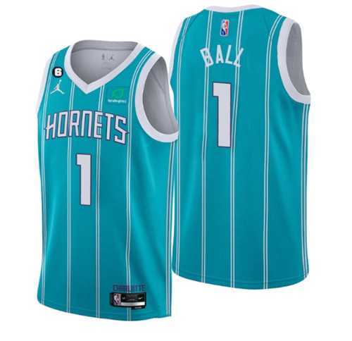 Mens Charlotte Hornets #1 LaMelo Ball 2022-23 Icon Edition No.6 Patch Stitched Basketball Jersey